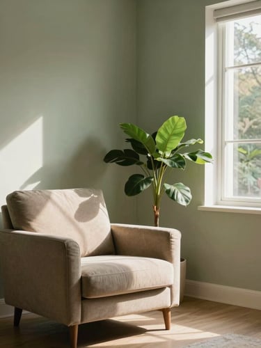 A warm, inviting interior room with soft sage walls, a comfortable armchair, and sunlight streaming through a large window onto a green plant.
