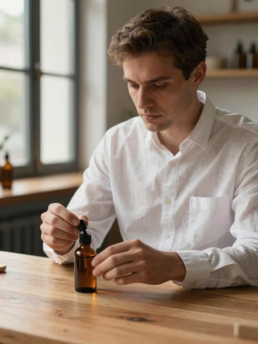 Portrait shot of a professional associate in a clean linen shirt carefully labeling an amber glass tincture bottle on a warm oak counter under soft window light, clean and focused environmental composition.