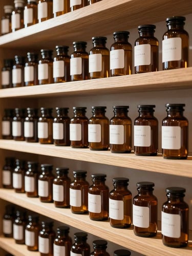 Portrait shot of clean wooden shelves inside a bright boutique dispensary, warm natural light illuminating neatly arranged amber glass apothecary jars with clean minimalist labels, sophisticated and safe atmosphere.