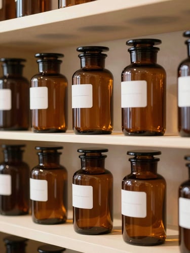 A portrait-oriented, bright natural daylight shot of amber glass apothecary jars arranged neatly on a warm cream shelf, clear minimalist labels visible.