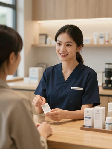 A portrait-oriented medium shot of a friendly, professional staff member behind a clean wooden counter, explaining a product label to a customer under warm interior lighting.