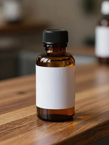 A close-up of a beautifully designed amber glass apothecary jar with a clean, white regulatory label, sitting on a polished wooden counter under warm, natural light.