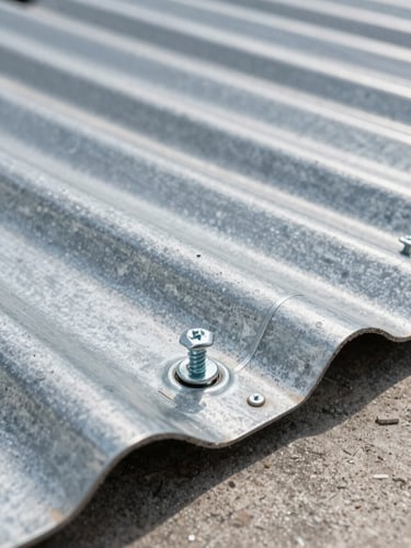 Extreme close-up of galvanized roofing fasteners and metal seam joint on corrugated steel roofing panel, natural north-facing daylight, sharp focus on screw head and overlapping panel edges, concrete substrate visible at lower corner