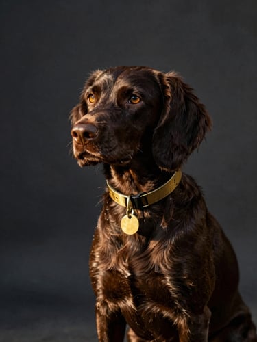 Elegant portrait of a spaniel dog outdoors, wearing a gleaming brass collar tag, soft side lighting, 35mm