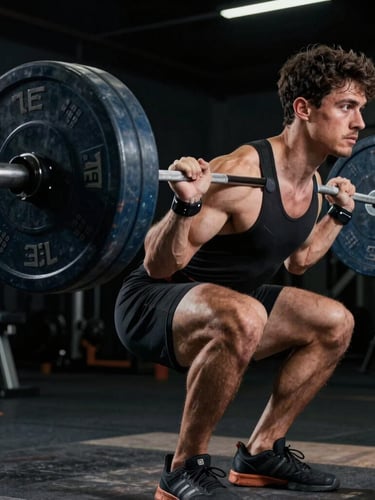 High-contrast side profile of an athlete mid-hinge during a deadlift, velocity-based training sensor attached to the barbell, cool-toned clinical lighting, dark background
