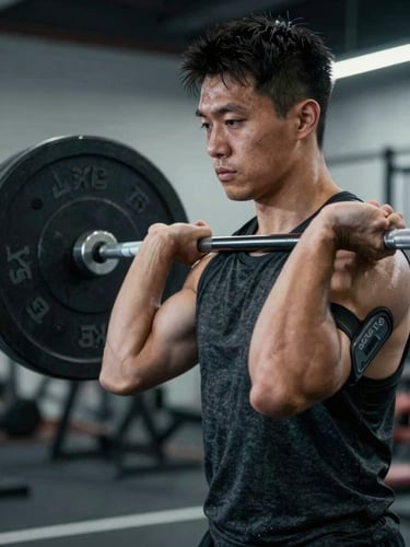 High-contrast, cool-toned portrait of a barbell tracker attached to a sleeve, measuring velocity during a clean, focused on mechanical precision, sharp angles.