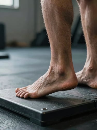 Dynamic close-up angle of an athlete's feet making contact with force plates during a jump. Cool-toned, high-contrast lighting, focus on ankle alignment and physical tension, gym environment with concrete floor.