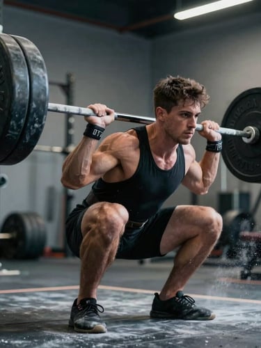 High-contrast dynamic angle of an athlete performing a heavy deadlift, chalk dust flying, cool-toned lighting, focus on biomechanical tension.