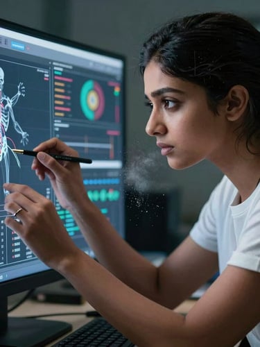 High-contrast, cool-toned portrait of Apoorva analyzing biomechanical data on a screen, sharp angles, chalk dust in the air, clinical but intense athletic focus.