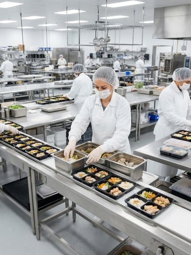 Bright commercial photography of a spotless industrial kitchen, stainless steel prep tables, professional staff in white hygiene gear packing uniform meal trays under crisp high-key lighting.