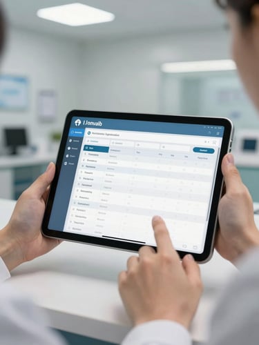 Close-up of clinic front-desk staff using a tablet interface showing a patient list dashboard, ambient LED overhead lighting, hands visible on screen mid-interaction, clean clinical workspace in background