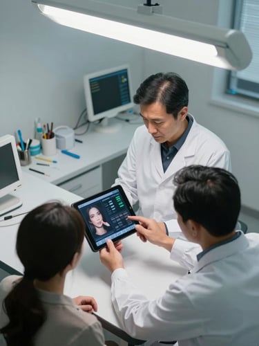 Overhead view of a clinic exam room, a doctor and patient reviewing a voice-input interface on a tablet screen together, fluorescent LED clinical lighting, medical instruments on counter edge, data visible on screen