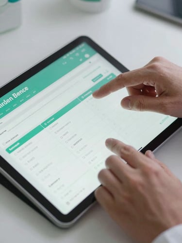 Close-up overhead shot of a physician's hands navigating a tablet displaying a green-accented patient list dashboard, clinical LED lighting, data rows and appointment counts clearly visible on screen, clean desk surface, no faces