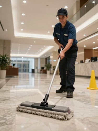 Close-up documentary shot of a uniformed cleaning technician mopping a polished marble lobby floor in a Casablanca office building, bright overhead lighting, mop head in motion, yellow safety cone visible to the side, clean wide-angle environmental framing