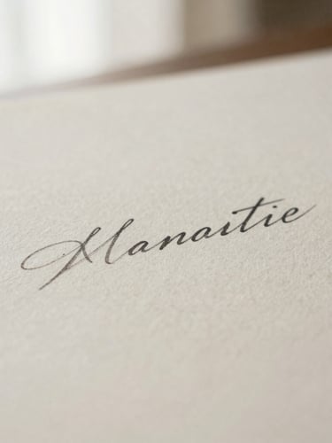 Macro shot of textured handmade paper with elegant charcoal ink printing, soft side lighting, minimalist and tactile