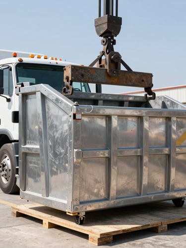 Close-up of a heavy-duty truck lifting mechanism lowering a clean steel dumpster onto protective wood boards, bright daylight, industrial details.