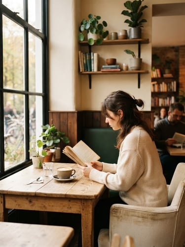 Eye-level environmental shot of a quiet café corner, warm morning window light casting soft shadows on natural wood tables and comfortable cream seating, 35mm