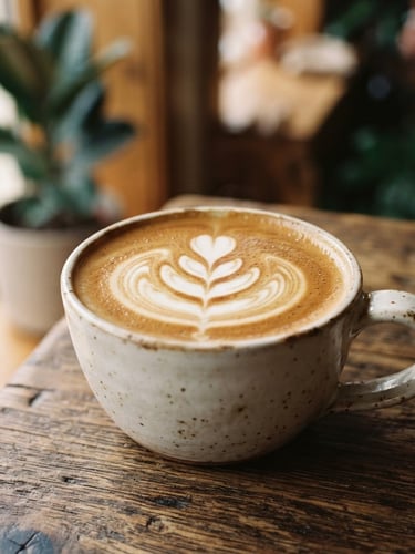 Close-up of a freshly poured latte with rich crema on a rustic wooden table, soft morning window light, warm editorial photography, 35mm