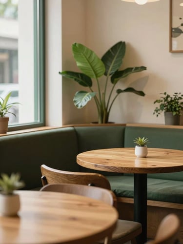 Quiet corner of a warm café with soft lighting, natural wood tables, green indoor plants, and comfortable seating, warm editorial photography