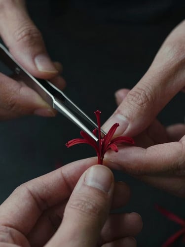 Close-up of hands carefully sorting deep crimson saffron stigmas with tweezers, against a dark background, moody directional side-lighting, shallow depth of field.