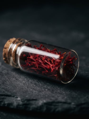Moody macro photography of a single glass vial containing vibrant crimson saffron threads on a dark charcoal surface, dramatic side-lighting, shallow depth of field, 105mm