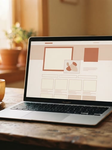 A clean laptop screen showing a minimalist web layout with soft terracotta accents, warm golden-hour window light, 35mm photography