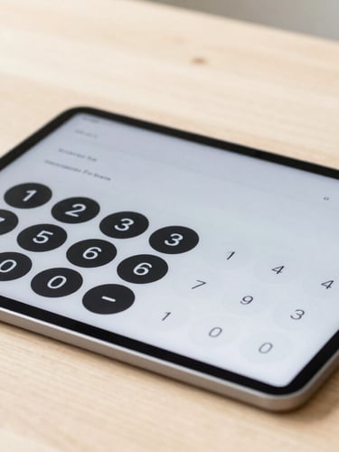 A clean high-key photograph of a modern tablet displaying a solar calculator interface on a bright wooden desk, soft natural daylight, minimalist composition, sharp focus, 35mm