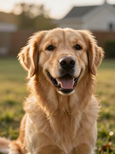 Eye-level close-up of a happy golden retriever sitting in a sunny Indiana backyard, warm golden-hour light, shallow depth of field, 35mm lens