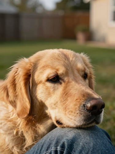 A warm, close-up photograph of a golden retriever resting its head on a volunteer's knee in a sunlit Indiana backyard, shallow depth of field, 35mm lens.