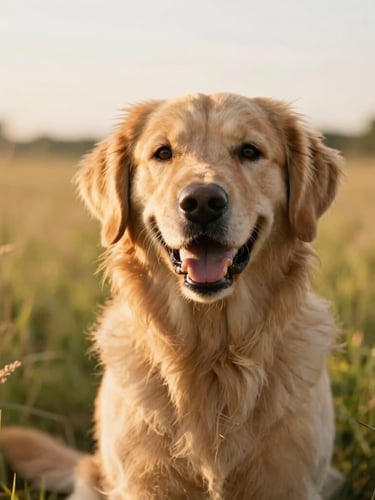 Eye-level close-up of a healthy, happy golden retriever mix sitting in tall grass under soft golden hour daylight, shallow depth of field, warm editorial style.
