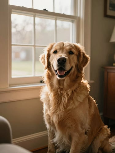 A warm candid photo of a happy golden retriever sitting by a sunny window in a cozy Indiana living room, soft natural golden-hour light.