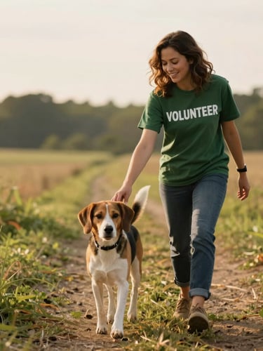 A cheerful volunteer in a green t-shirt gently walking a rescued beagle on a grassy trail in Indiana, warm overcast daylight.