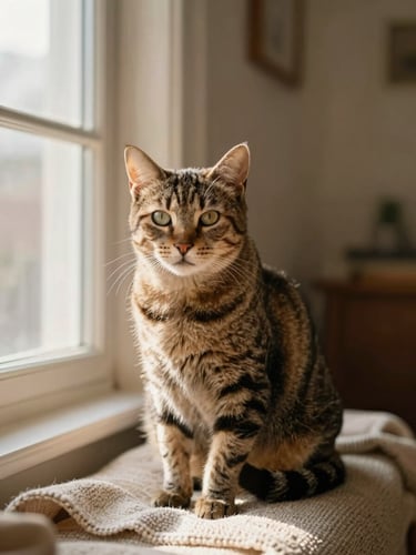 An eye-level portrait of a calm tabby cat sitting peacefully on a soft woven blanket near a bright window in a warm, inviting living room, 35mm lens.
