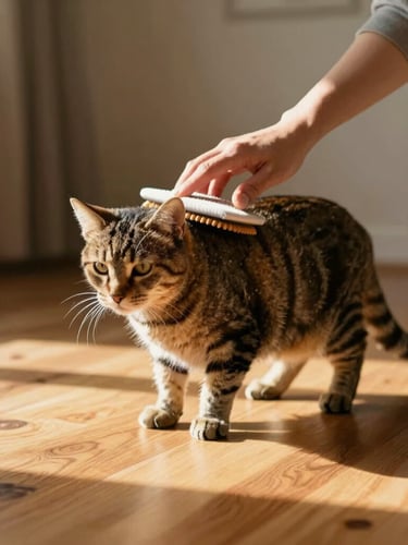 A warm domestic scene of an Indiana foster volunteer gently brushing a calm tabby cat on a sunlit wooden floor, soft natural light, cozy home environment, warm editorial style