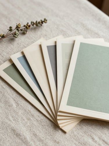 Printed guide pages fanned out on a linen tablecloth, a small sprig of dried herb beside them, soft diffused morning light, cream and sage palette