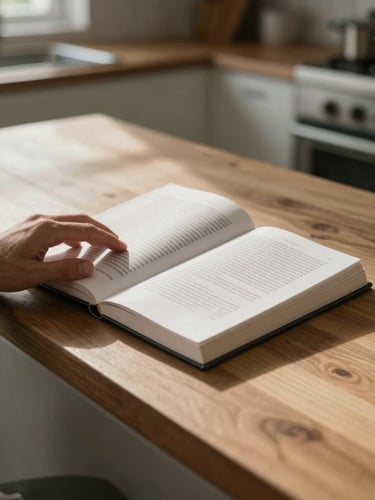 Ebook guide lying open on a wooden kitchen counter, natural daylight from the left, a hand resting on the page, warm taupe and olive tones