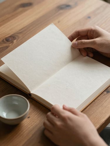 Close-up of hands gently opening a linen-covered guide booklet on a warm wooden surface, soft north-facing morning light, a small ceramic bowl beside it, lived-in and unhurried