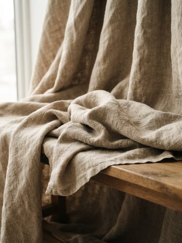 Warm editorial photography of heavy-weight natural linen fabric draped over a minimalist wooden bench, soft diffused window light casting gentle shadows in the folds, macro texture detail, earth tones, 50mm.