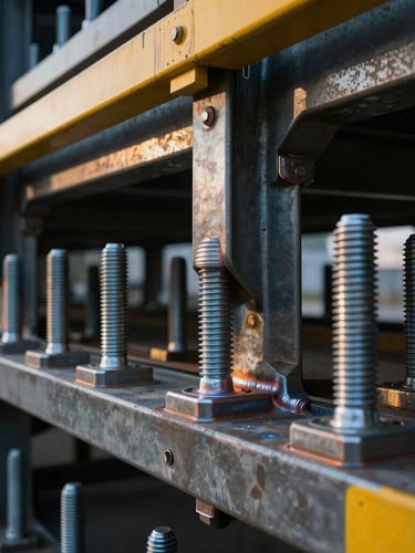 Extreme close-up of heavy steel totem foundation bolts and structural welding, industrial safety-yellow accents, dramatic architectural lighting