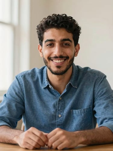 Medium close-up of Khaled Amleh at a wooden table, wearing a casual blue shirt, smiling warmly and reassuringly at the camera, soft natural light, shallow depth of field.