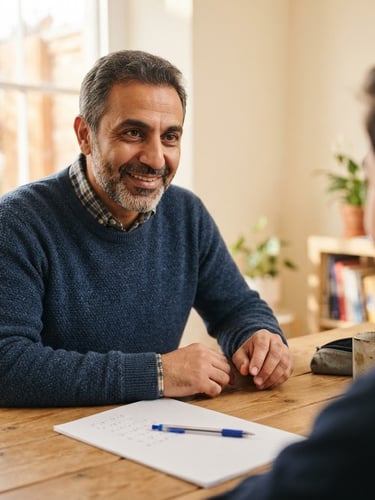 A medium close-up of Khaled, a friendly middle-aged tutor of Middle Eastern descent, smiling reassuringly at a clean wooden desk with graph paper, warm window light