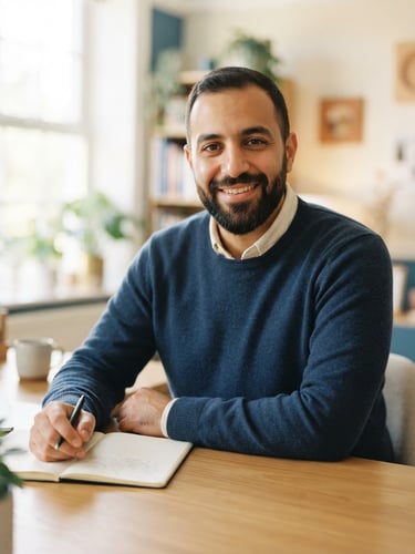 Medium close-up of Khaled at a clean wooden desk, smiling reassuringly, bright natural window light, soft cream and blue tones, shallow depth of field
