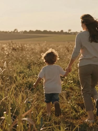 A mother and child running through a sun-drenched wild grass field, warm golden-hour backlighting, wind-blown hair, natural cinematic crop.