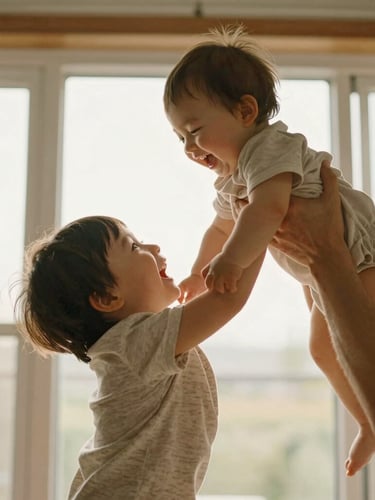 Close-up of a toddler laughing mid-air as their parent tosses them up, soft natural window light, joyful unscripted moment, warm cinematic lifestyle photography.