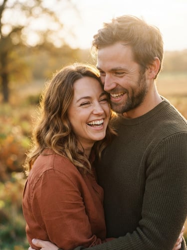 Close-up cinematic shot of a couple laughing warmly, golden-hour sun-drenched backlighting, soft natural depth of field, 35mm film look.