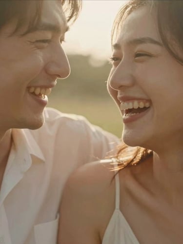 Close-up cinematic crop of a couple laughing candidly, warm sun-drenched backlighting, soft natural golden tones, shallow depth of field