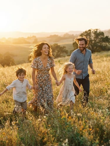A candid medium shot of a young family running through an open California field at golden hour, wind-blown hair, warm sun-drenched backlighting, shallow depth of field, 35mm film look.