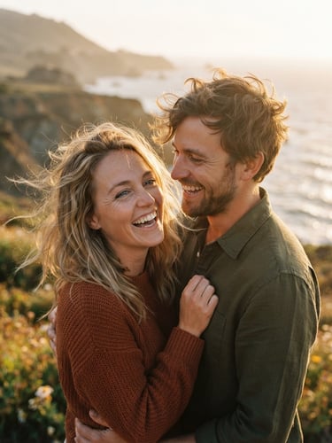 Close-up cinematic lifestyle shot of a couple laughing, wind-blown hair, warm golden-hour sun-drenched backlighting, shallow depth of field, 35mm film look