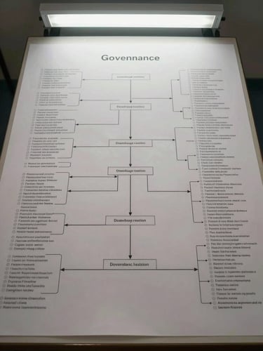 Direct overhead view of a large institutional table — a governance framework diagram printed on matte paper, annotated in pencil with classification notation, fluorescent overhead lighting, no people visible, clinical and precise
