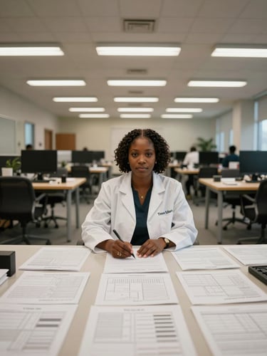 Wide institutional workspace, Dr. Tiawana Edge seated at a large table covered with structured documentation and framework notation, viewed from slight distance to show scale of the environment, even fluorescent overhead lighting, direct framing, no shadows, no warmth
